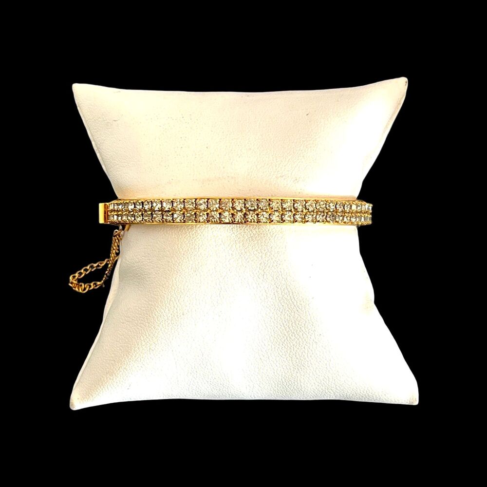 Vintage 1960s Clear Crystal Rhinestone Hinged Clamper Bracelet Gold Tone - 15A